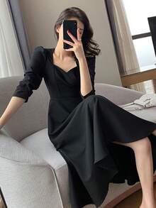 Vestidos largos de mujer Hepburn vintage cuello en v largo temperamento vestidos largos - Negro - Ver 3