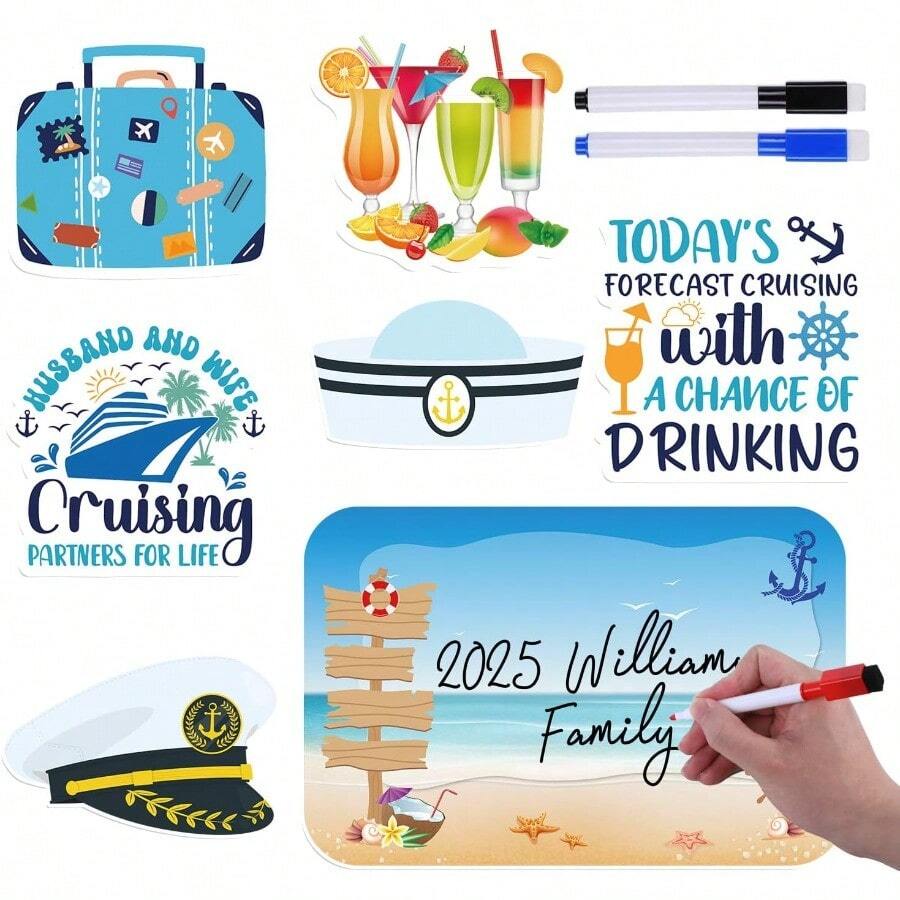YUYCruise Door Decorations Magnetic 7PCS Couple Cruise Ship Door Decorations Magnets With 3 Paint Pens Ship Navy Hat Suitcase Drink Magnet Stickers For Carnival Cabin Refrigerator Decor - Couple - View 1