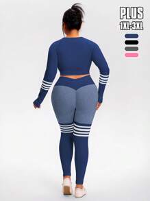 TCVC Plus Size Women's Seamless Fashion Striped Contrast Color Sports Set, Long Sleeve + Long Pants Set, High Elasticity High Waist Slimming Peach Hip, Skin-Friendly Breathable Sweat-Wicking, Yoga Fitness Travel Versatile Fashion Set