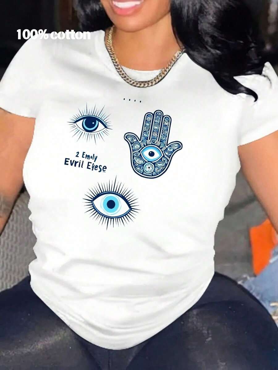 "Evil Eye Hamsa Hand Graphic T-Shirt - Women's Casual Crew Neck Short Sleeve Cotton Tee,  Design, Summer Lightweight Top - Ideal For Everyday Wear, Gift For Friend, Good Luck Charm Apparel_Unisex 90s Vintage Black White Logo Print Weekend Oversized Cotton Tee - 白色 - 查看 1