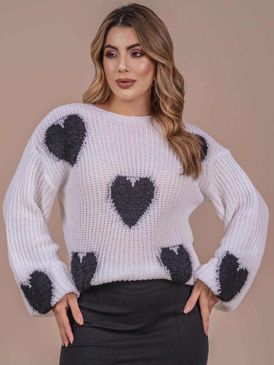 Heart Blouse With Fur Knit Wool Fang Puff Sleeve Women's Oversize Winter Cold Laffy Knit - 白色與黑色 - 查看 1