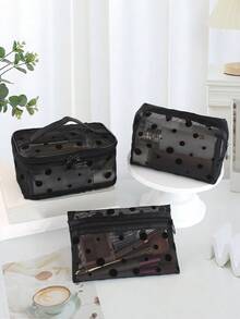 3 件/套大容量时尚简约透明镂空网眼化妆包，适合旅行、户外、家居使用、化妆包、化妆包、化妆包、化妆包、化妆品收纳包、旅行、化妆袋、包、化妆包、化妆袋、旅行必需品、小袋包、化妆包、包、旅行必需品、化妆配件、小化妆包 - 黑色 - 查看 7