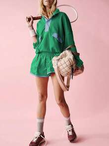Women's Early Fall Sports Two Piece Contrast Half Placket Elasticated Waistband Top Elasticated Waistband Shorts - 綠色 - 查看 4