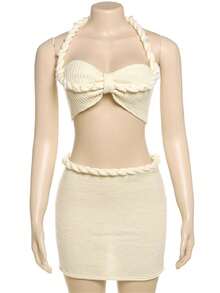 Women Y2K 2Pcs Crochet Knit Skirt Set Hollow Out Cami Top High Waist Mini Skirts 3D Flower Cover Up Beachwear - 白色 - 查看 6