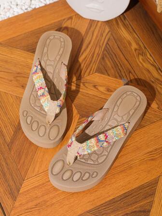Tongs compensées d'été, Couleur abricot, Sandales de plage et d'intérieur