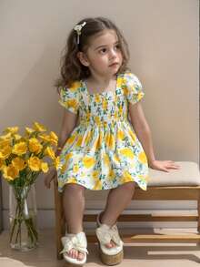 1pc Girls Countryside Fresh Lemon Ditsy Floral Ruffle Collar Puff Sleeve Dress, Spring/Summer - Yellow - View 7