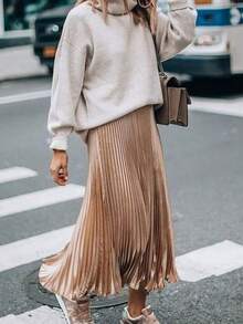 女士休闲圣诞新年派对天鹅绒褶皱松紧腰半身裙 - 香檳 - 查看 4