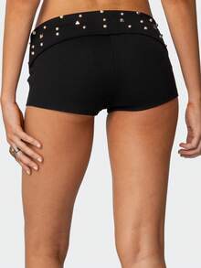 Women Y2K Studded Foldover Micro Shorts Vintage Low Waist Slim Fit Mini Shorts Summer Boxer Short Party Clubwear - 黑色 - 查看 5
