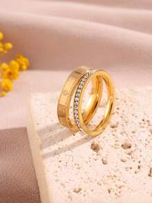 2pcs 18K Gold Plated Stainless Steel Four-Leaf Clover Ring Set With Rhinestones, Waterproof And Fade-Resistant, Suitable For Women's Daily Wear - SGS245 - View 2