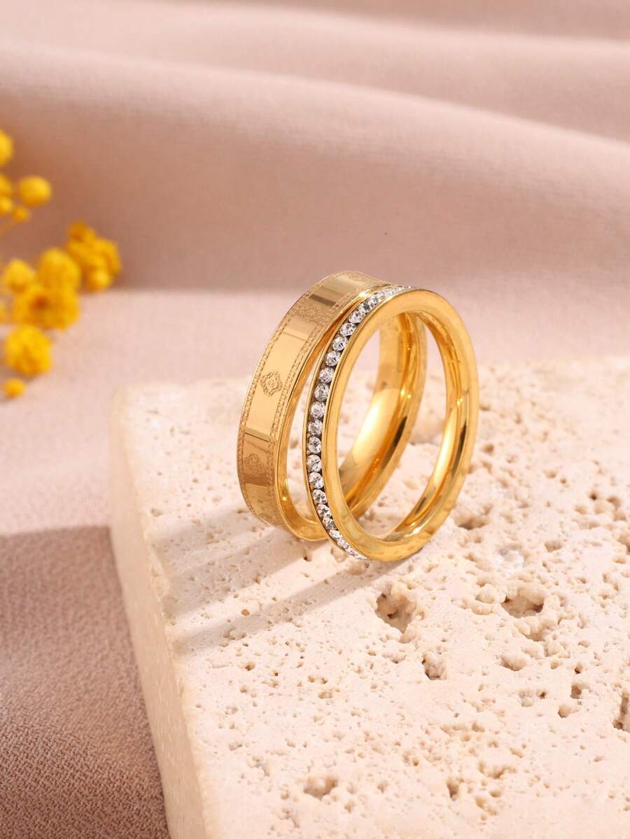 2pcs 18K Gold Plated Stainless Steel Four-Leaf Clover Ring Set With Rhinestones, Waterproof And Fade-Resistant, Suitable For Women's Daily Wear