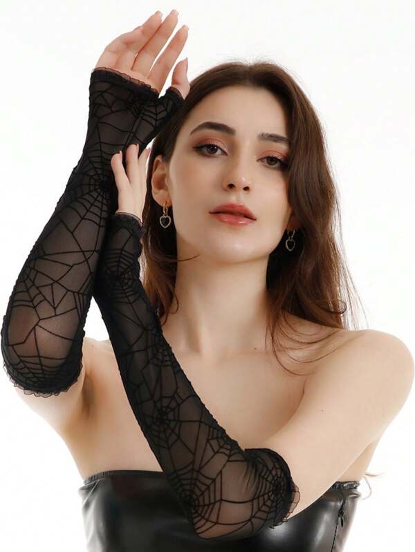 2pcs Halloween Spider Pattern Mesh Costume Gloves, Cosplay Dance Gloves, Solid Color Hollow-Out Fabric