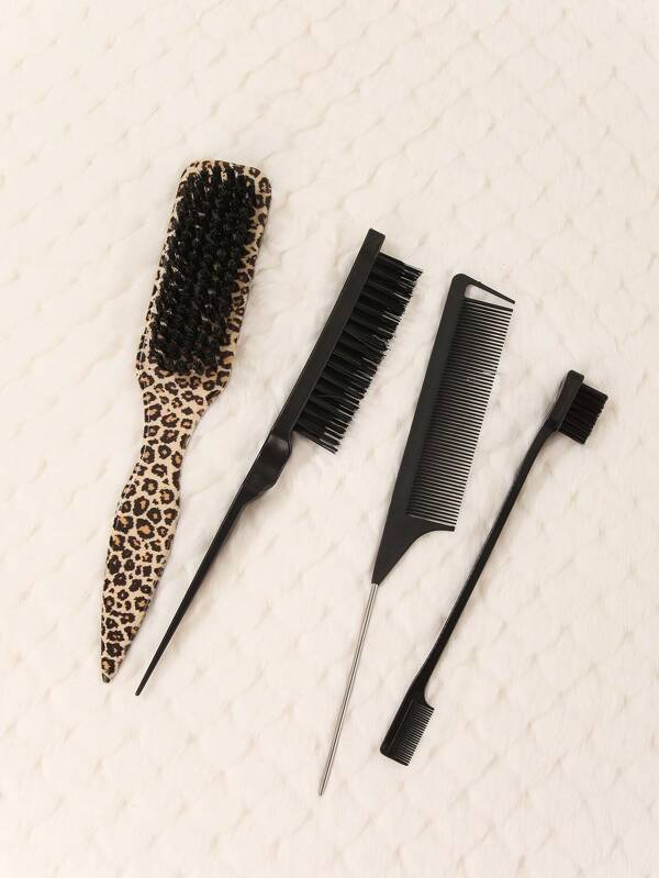 4PCS Men's Oil Hair Beard Brush, Long Handle Beard Brush Cleaning Brush, Oil Comb And Hair Brush, Solid Color, Hair Brush For Straightening Hair Brush, Men's Beard Grooming Styling Comb, Leopard Comb, Leopard Hair Brush, For Shaping & Sculpting Facial Hair & Cleaning Brush Multi.Functional Tool, Suitable For Women's Long Wavy Hair, Claw Clips