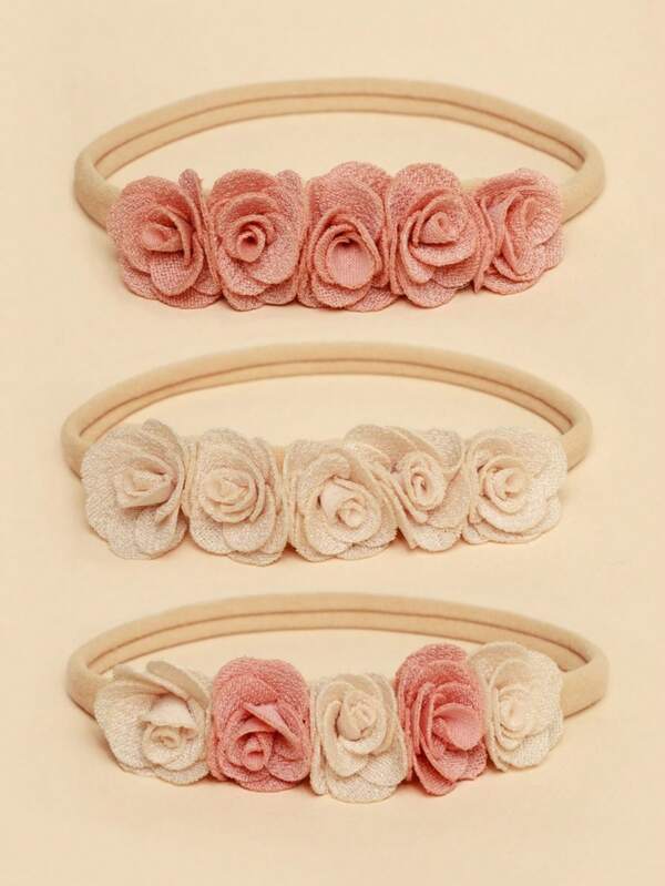 3 pièces Bandeau pour bébé avec fleurs roses artificielles en 3D en tissu, accessoire de cheveux romantique et confortable pour bébé, cadeau de la Saint-Valentin