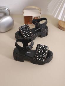 1 Pair Girls' Outdoor Sandals, New Summer Round Toe Patch Design, Shiny Thick Non-Slip Durable Sole, Fashionable Children's Roman Sandals - Black - View 3