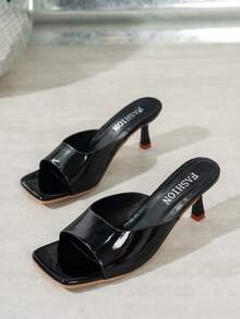 优雅方头铆钉玛丽珍鞋，女式后扣百搭黑色高跟鞋，时尚性感露趾黑色漆皮粗跟高跟鞋，情人节 - 黑色 - 查看 4