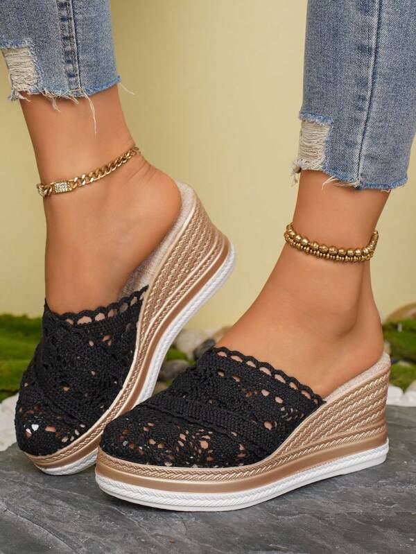 Sandalias de cuña con plataforma para mujer, estilo bohemio con estampado floral, con volantes/encaje en los bordes, sandalias de playa para verano
