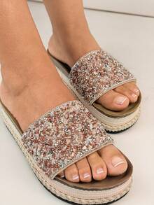 Glittery Wedge Platform Strap Slide Sandals, Elegant Raised Sole Slippers - Berwarna merah muda - View 4