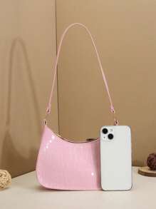 1 Stück Mini einfarbige, vielseitige Krokodilmuster PU Reißverschluss Schulter Unterarm Tasche, modisch und einfach, glänzende Schultertasche, koreanischer Stil, personalisiert, geeignet für den täglichen Gebrauch, sehr attraktive Tasche, geeignet für den täglichen Gebrauch von Mädchen