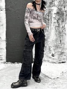 Rikumo 女士休闲时尚Y2K街头风印花修身长袖上衣（冬季款） - 彩色 - 查看 6