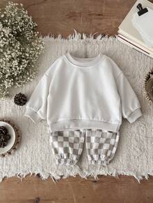 2pcs/Set Baby Boy Casual Solid Color Crew Neck Long Sleeve Sweatshirt And Checkerboard Long Pants, Spring/Autumn - Apricot - View 3