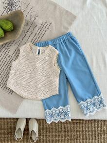 2pcs/Set Baby Girl Knitted Vest And Lace Trim Wide Leg Pants, Cute & Elegant Style - Apricot - View 3
