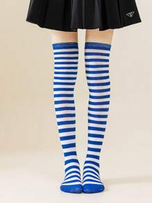1 Pair Women Over Knee Socks, Cosplay Anime Character Uniform, Japanese Style Striped & Solid Thigh-High Stockings