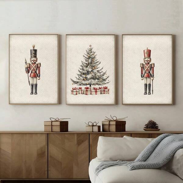Juego de 3 carteles de lienzo impresos con nutcrackers vintage sin marco, arte de pared de estilo minimalista para Navidad, invierno, Xmas, decoración retro rústica para apartamento, sala de estar, dormitorio, decoración del hogar moderna, decoración navideña, regalo del árbol de Navidad, decoración de Acción de Gracias, boda, decoración de otoño, decoración de cumpleaños, suministros para fiestas, interior, exterior, jardín, decoración de festivales, decoración de Halloween, decoración de pared, adornos de Halloween
