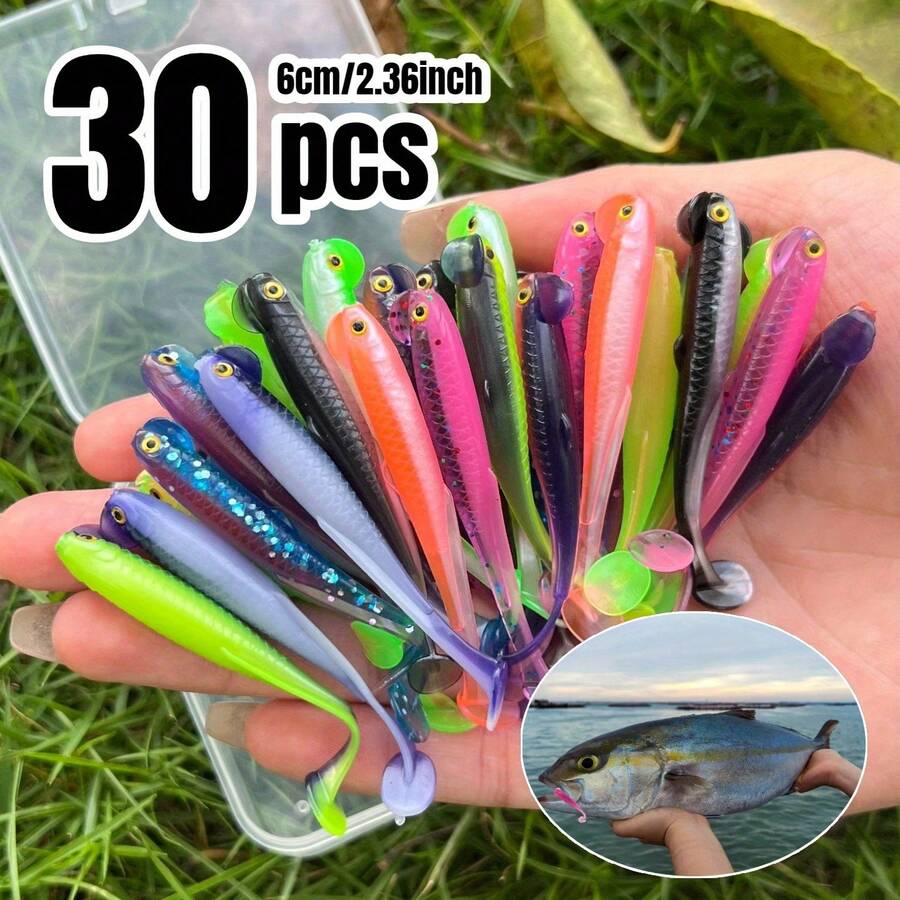 30pcs Double Color T-Tail Soft Bait Set 6cm/ 2.36inch Durable Plastic Bait Swimmer For Saltwater Freshwater Fishing - Multicolor - View 1