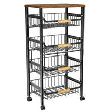 5 Tier Rolling Storage Trolley On Wheels, Large Capacity Kitchen Trolley, Mobile Utility Trolley With Wooden Table Top And Mesh Basket, Bathroom, Laundry Room