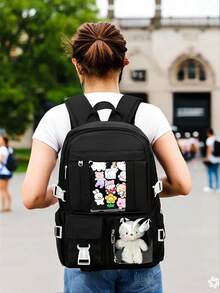 Kawaii Backpack For Teen Girls, Cute Aesthetic High Middle School College Bookbag With Accessories, Beige - Dark Black - 查看 2