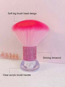 1pc Pink Rhinestone Large Size Soft Bristle Nail Art Dust Brush, Nail Surface Cleaning Brush, Makeup Powder Blush Brush Lashes - Pink - View 3