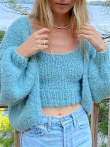 Women's Fuzzy Knit Sweater Long Lantern Sleeve Open Front Solid Color Cardigan Fall Coat - Blue - View 3