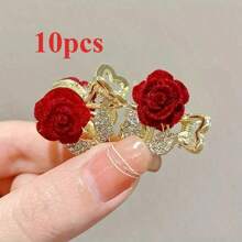 Claw Clip 2/5/10pcs Mini Red Rose Rhinestone Shiny Hair Clips, Princess Sparkling Hairpins For Bangs, Ponytail, Elegant Hair Accessories Autumn Accessories Fall Winter For Vacation Outfits Woman Flower Hair Clip