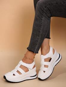 1 双女式新款白色厚底坡跟凉鞋，镂空透气轻便防滑罗马凉鞋，钩环扣，时尚百搭白色休闲运动鞋 - 白色 - 查看 6
