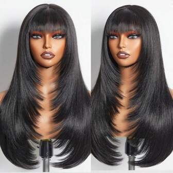 Long Natural Layered Black Straight With Bangs Wigs For Women 24 Inch Glueless Realistic Synthetic Wig Heat Resistant Hair Wear And Go Wigs Synthetic Layered Cut Lace Wigs For Women Realistic Look For Girls Daily Party Cosplay