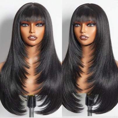 60 cm lång, rak peruk med lugg för kvinnor, utan lim, realistisk syntetisk peruk, värmebeständig, lätt att bära, peruk med lager på lager för dagligt bruk, fest, cosplay och andra tillfällen