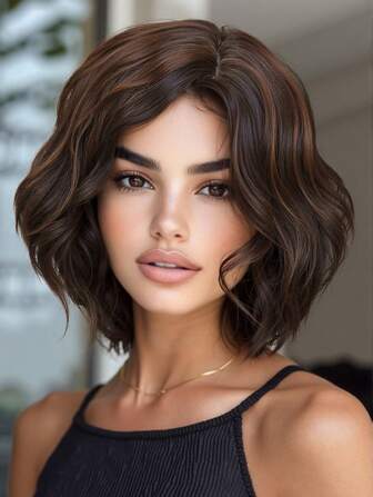 Korte golvende highlights bruine pruik met zijscheiding, korte krullende golvende bobpruik, bruine highlights pruik voor vrouwen, synthetische hittebestendige zijscheiding Halloween cosplay pruik