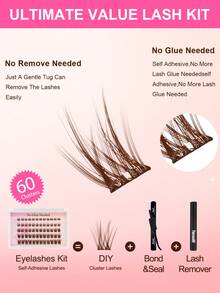 60 pezzi di ciglie individuali a grappolo con adesivo, riccio C, marrone, lunghezza 8-16mm, kit di estensione ciglie fai-da-te con pinzette e arricciaciglia, aspetto naturale, ciglie segmentate da applicare senza colla, estensioni di ciglie a spina, grappoli di ciglie, ciglie individuali, ciglie finte