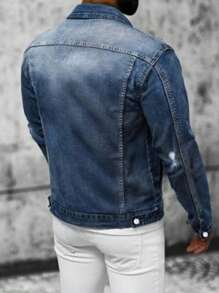 Men Distressed Denim Jacket, Korean Fashion Stylish Lapel Vintage Washed Denim Jacket, For Fall