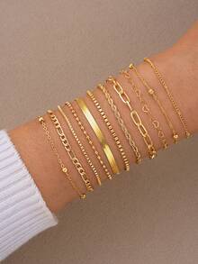 11/10/5pcs Fashionable Minimalist Elegant Airplane Chain Heart Multi-Layer Bracelet Set, Women Vacation Date Party Gift Versatile Daily Wear - Yellow Gold - View 3