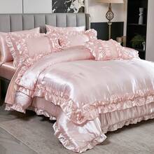 8 Pieces Black Satin Comforter Set King Size With Sheet Set Luxurious Soft And Silky Comforter Set Farmhouse Style Black Rufle Fringe Design Boho Comforter Silk Like Satin Bedding Set - 淺粉色 - 查看 2