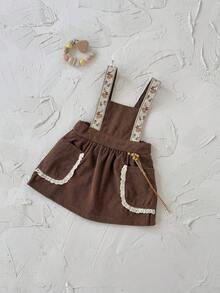 Baby Girl Sweet Lace Trim Floral Ribbon Corduroy Ditsy Floral Suspender Dress, Spring/Autumn - Brown - View 10