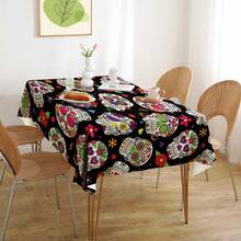 1 件骷髅图案印花桌布 - 万圣节、万圣节礼物、万圣节装饰、100% 涤纶、矩形、编织、适合家庭厨房餐厅、派对晚宴、野餐、约会、婚礼、主题派对、室内和室外使用 - 彩色 - 查看 2