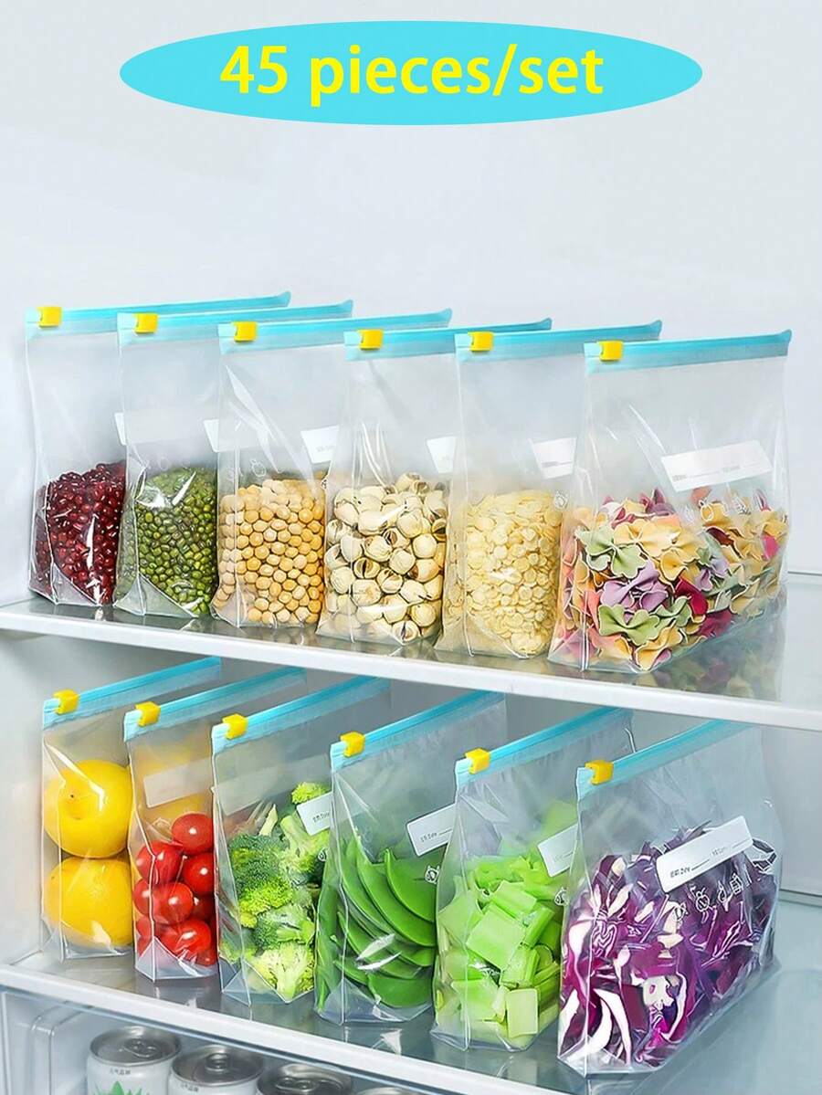 45pcs Reusable Airtight Food Storage Bags (10 Large, 15 Medium, 20 Small), Thick Freezer Bags, Microwave , Blue, For Long-Term Food Preservation And Organization, Transparent PE Zipper Bags, Suitable For Kitchen Food Categorization, Snack Storage, Fruit And Vegetable Sorting, Ensuring Freshness, Essential Household Food Preservation Bags