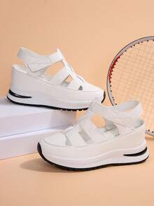 1 双女式新款白色厚底坡跟凉鞋，镂空透气轻便防滑罗马凉鞋，钩环扣，时尚百搭白色休闲运动鞋 - 白色 - 查看 3