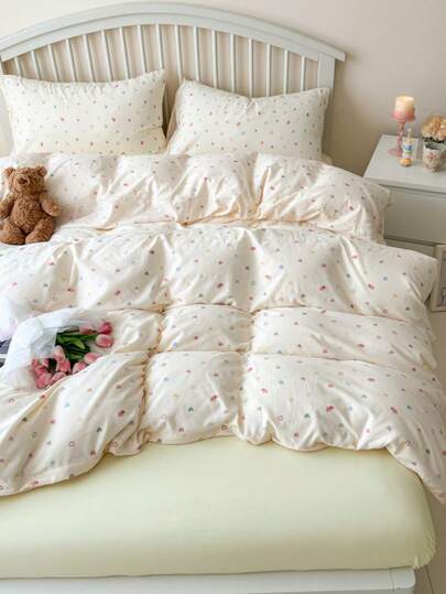 3 件套加厚涤纶清新花卉印花床上用品套件，适合男孩/女孩宿舍，拉链开合，四季皆宜，柔软透气卧室床上用品套件（1 个羽绒被套、2 个枕套、无填充物）