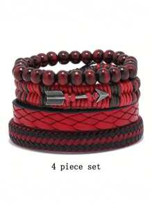 1pc, Fashion Vintage Men's Leather Bracelet Cupid's Arrow Wooden Beaded Leather Hand Woven Retro Fashion Bracelets For Men