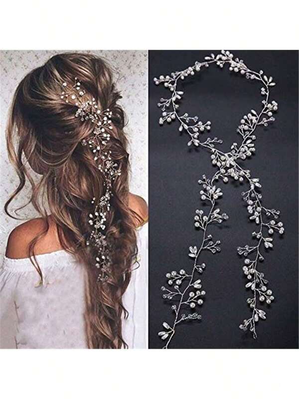 1pc Extra Long Pearl & Crystal Bridal Hair Vine Wedding Headpiece Headband Hair Accessory