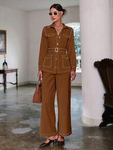 Sollinarry 女士秋季新款缝线口袋装饰长袖上衣和裤子休闲两件套，复古风格，适合教师 - 深卡其色 - 查看 4