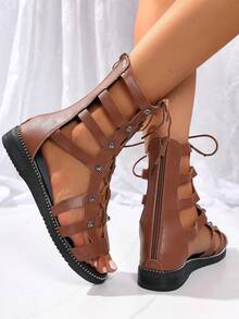 Women's Rhinestone Decor Wedge Sandals, Fashionable Open Toe Hollow Out Back Zipper Shoes, Comfortable Summer Outdoor Sandals - Brown - View 4